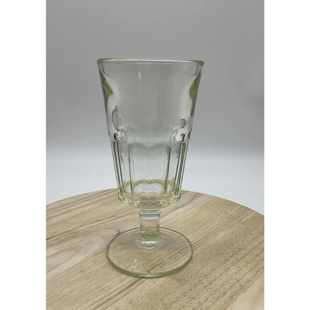 Pressed Glass Goblet Iced Tea Footed Clear Yellow Tint Paneled Flared‎ Rim Heavy